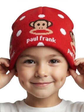 Paul Frank Julius the Monkey Polka Dot Knit Beanie Winter Hat Red 6 8Y